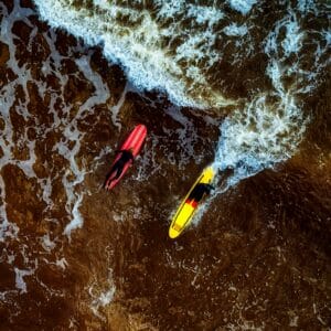 Aerial view of boating and water sports captured by a drone.