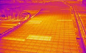 Thermal inspection of solar panels to detect hot spots and efficiency issues.