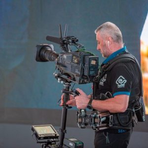 Professional cameraman capturing high-quality images for press and media photography.