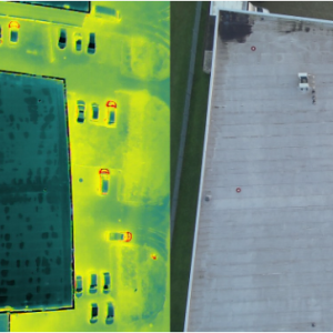 Thermal drone roof inspection comparing heat loss and visible rooftop imagery.