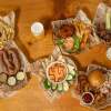 Burger, Wings, and Onion Rings Game Day Spread