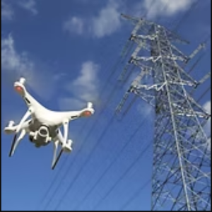 Drone inspecting power lines near transmission tower under blue sky.