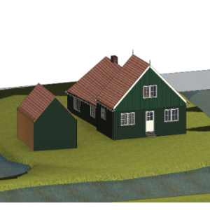 Green house with red roof 3D model on grassy lakeside landscape.
