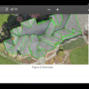 Aerial residential roof inspection overview with green outline and landscaping.