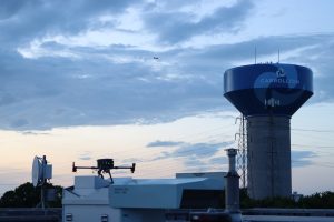Drone and Capitol Water Tower at Twilight