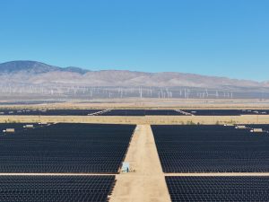 Solar Farm and Wind Turbines Beneath Mountain Skies