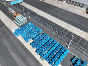 Aerial View of Blue Pallet Stacks in Industrial Yard
