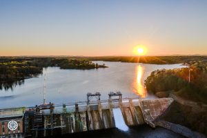 Oxford Dam at Sunset Over Calm Waters