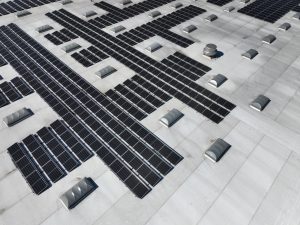 Aerial View of Rooftop Solar Panel Array