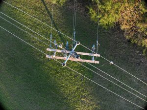 Aerial View Of Utility Pole And Power Lines Aerial Drone Inspection