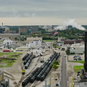 Aerial view of oil train cars at Wyandotte Michigan chemical plant.