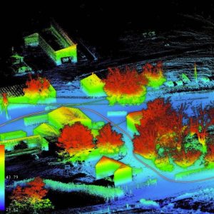 LiDAR software map showing terrain, buildings, roads, and vegetation analysis.
